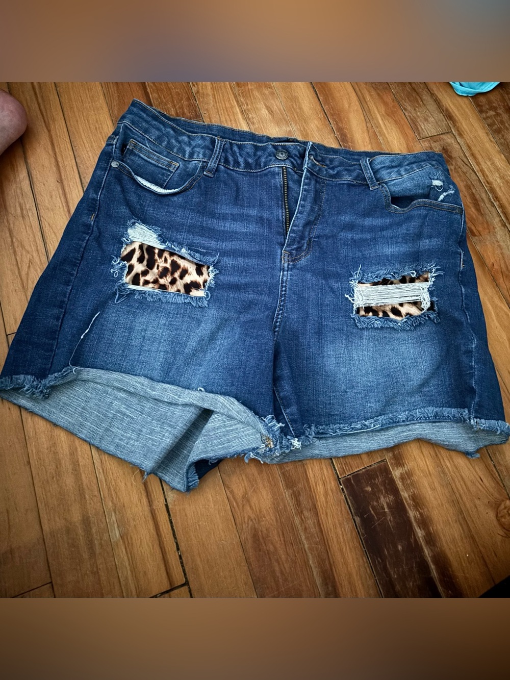Judy Blue Blue Distressed Jean Shorts with Leopard Patch